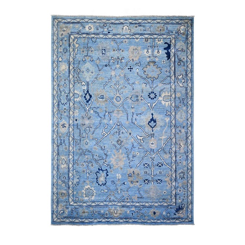 Sky Blue, Natural Wool Hand Knotted, Afghan Angora Oushak with Vines and Floral Design Vegetable Dyes, Oriental Rug