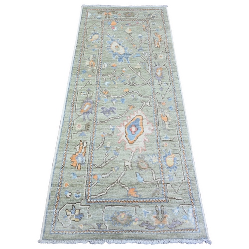 Laurel Green, Vegetable Dyes Soft Wool, Hand Knotted Afghan Angora Oushak with Vines and Floral Motifs, Runner Oriental Rug