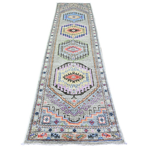 Taupe, Hand Knotted Afghan Angora Oushak with Large Medallions Design, Natural Dyes Pure Wool, Wide Runner Oriental Rug