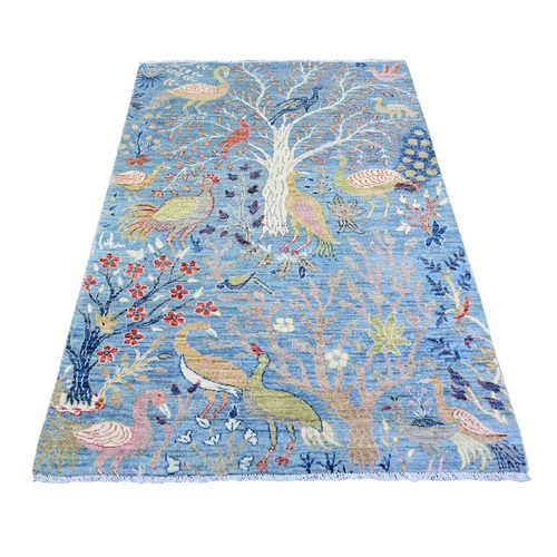 Little Boy Blue, Vegetable Dyes Extra Soft Wool, Hand Knotted Afghan Peshawar with Birds of Paradise, Oriental Rug
