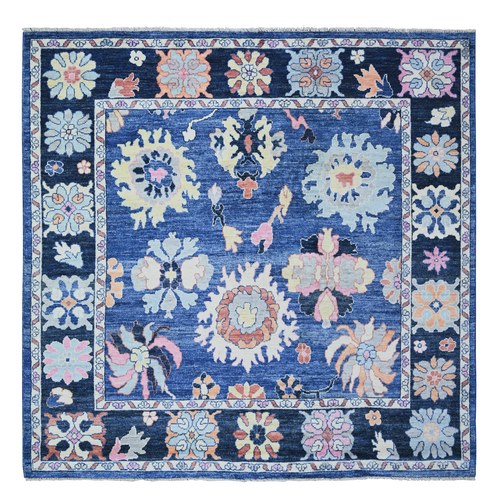 Sapphire Blue, Afghan Angora Oushak with Colorful Motifs, Natural Dyes 100% Wool Hand Knotted, Square Oriental Rug