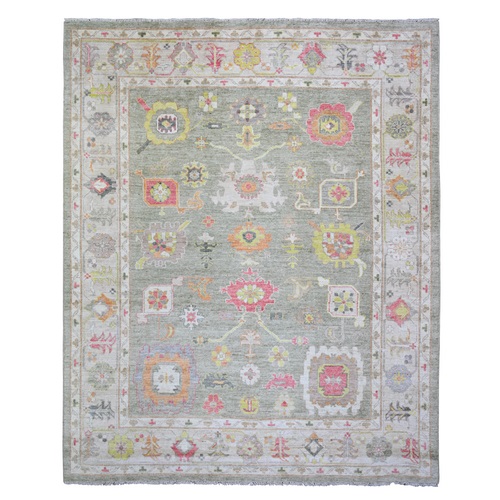 Taupe Gray, Soft Wool, Hand Knotted, Afghan Angora Oushak with Colorful Motifs, Oriental Rug