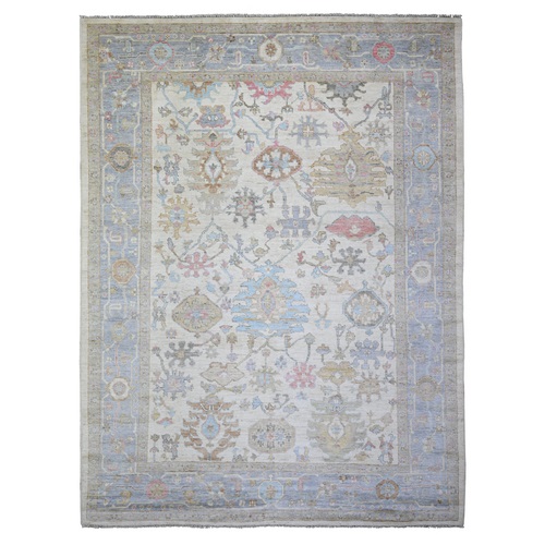 Ivory, Afghan Angora Oushak with All Over Colorful Floral Pattern, Soft Wool Hand Knotted, Oriental Rug