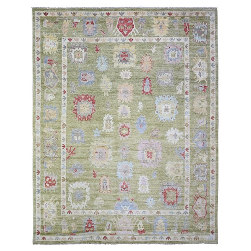 Golden Green, Pure Wool Hand Knotted, Afghan Angora Oushak with Colorful Motifs, Oriental Rug