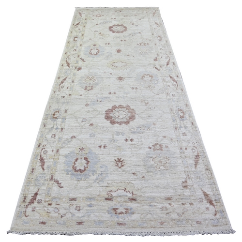 Pastel Colors, Pure Wool Hand Knotted, Afghan Angora Oushak with Large Motifs Natural Dyes, Wide Runner Oriental Rug