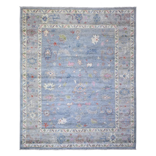 Queen Blue, Afghan Angora Oushak with All Over Motifs Natural Dyes, Extra Soft Wool Hand Knotted, Oriental 