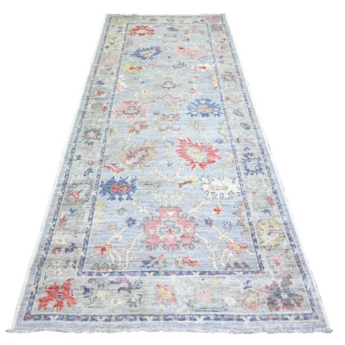 Cadet Gray, Afghan Angora Oushak with Colorful Motifs Natural Dyes, Pure Wool Hand Knotted, Wide Runner Oriental Rug