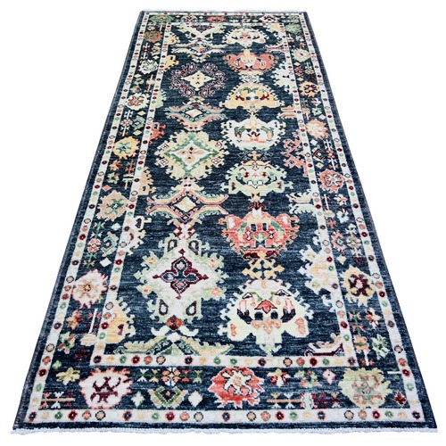 Gunmetal Black, Afghan Angora Oushak with Colorful Motifs Natural Dyes, Soft Wool Hand Knotted, Wide Runner Oriental 