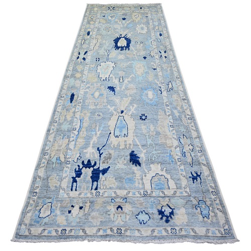 Ruddy Blue, Natural Dyes Pure Wool, Hand Knotted Afghan Angora Oushak with Faded Out Colors, Wide Runner Oriental Rug