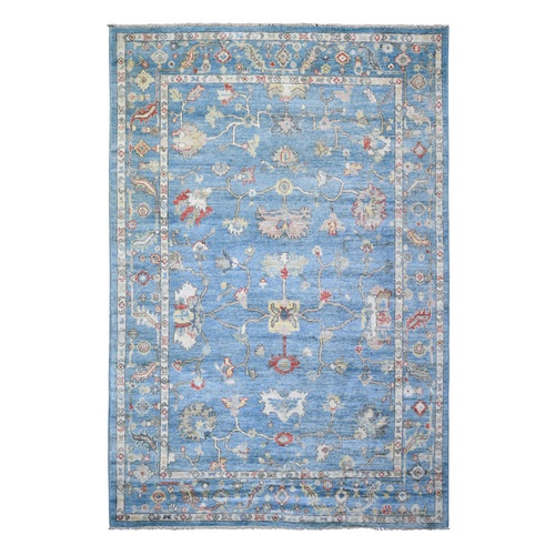 Ruddy Blue, Hand Knotted Afghan Angora Oushak with All Over Vines and Floral Pattern, Natural Dyes 100% Wool, Oriental Rug