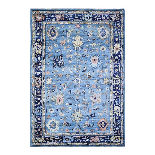 Steel Blue, Pure Wool Hand Knotted, Afghan Angora Oushak with All Over Motifs Natural Dyes, Oriental Rug
