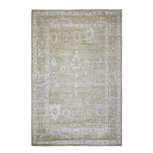 Moss Green, Natural Dyes Soft Wool, Hand Knotted Afghan Angora Oushak with Soft Colors, Oriental Rug