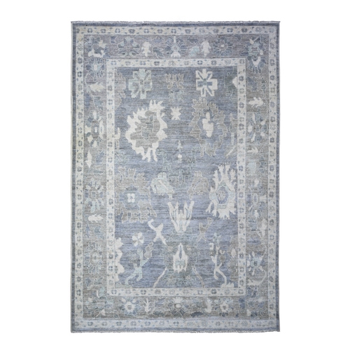 Sonic Gray, Hand Knotted Afghan Angora Oushak with Large Motifs, Natural Dyes 100% Wool, Oriental Rug