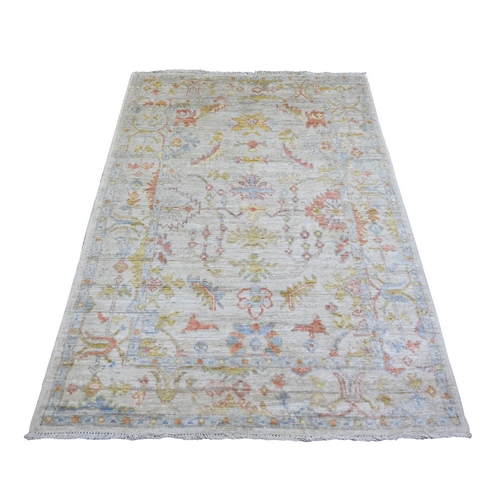 Cloud Gray, Hand Knotted Afghan Angora Oushak with Colorful Floral Pattern, Natural Dyes Extra Soft Wool, Oriental Rug
