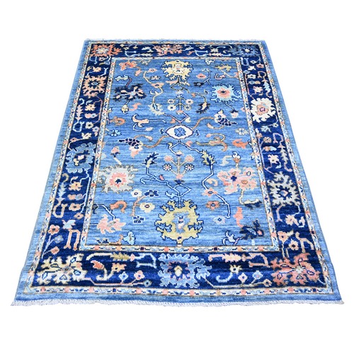 Sapphire Blue, Afghan Angora Oushak with Pop Of Colors Natural Dyes, 100% Wool Hand Knotted, Oriental Rug