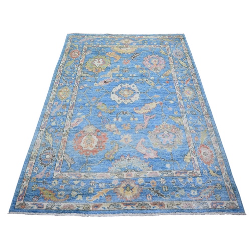 Little Boy Blue, Extra Soft Wool Hand Knotted, Afghan Angora Oushak with Colorful Motifs Natural Dyes, Oriental Rug