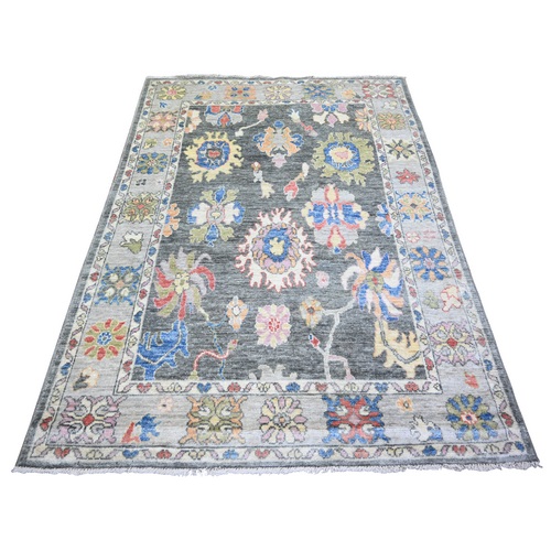 Jet Gray, Afghan Angora Oushak with Colorful Motifs Natural Dyes, 100% Wool Hand Knotted, Oriental Rug