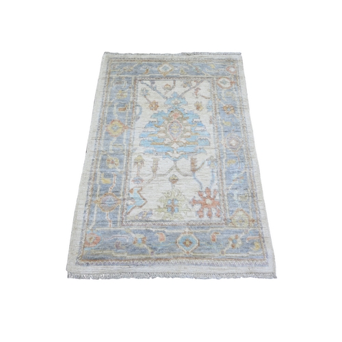 Ivory, Natural Dyes Pure Wool, Hand Knotted Afghan Angora Oushak with Large Motif Design, Mat Oriental Rug