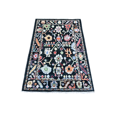 Slate Black, Afghan Angora Oushak with Pop Of Colors Natural Dyes, 100% Wool Hand Knotted, Oriental Rug
