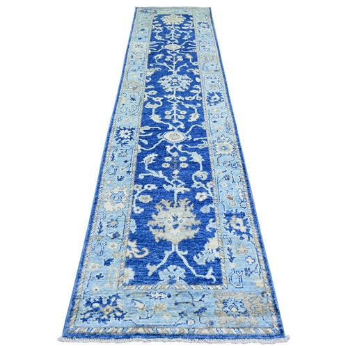 Medium Sapphire Blue, Soft Wool Hand Knotted, Afghan Angora Oushak with All Over Design Natural Dyes, Runner Oriental Rug
