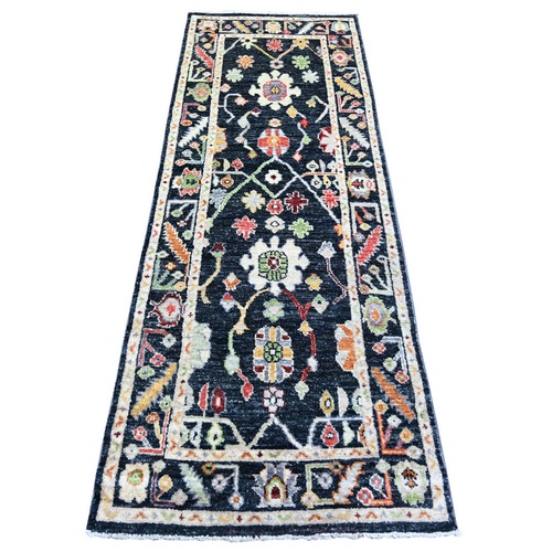 True Black, Afghan Angora Oushak Pop of Colors Natural Dyes, 100% Wool Hand Knotted, Runner Oriental Rug