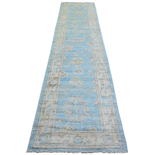 Beau Blue, Afghan Angora Oushak with Floral Motif Natural Dyes, Pure Wool Hand Knotted, Runner Oriental Rug