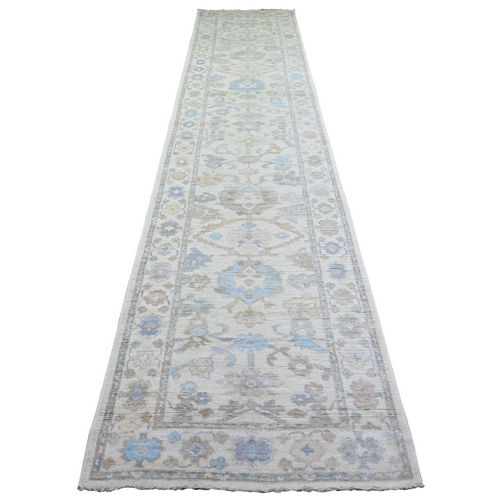 Ivory, Soft Wool Hand Knotted, Afghan Angora Oushak with Floral Motif Natural Dyes, XL Runner Oriental Rug