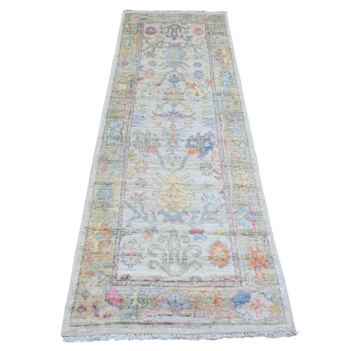 Medium Gray, Extra Soft Wool Hand Knotted, Afghan Angora Oushak with Colorful Motif Natural Dyes, Runner Oriental Rug
