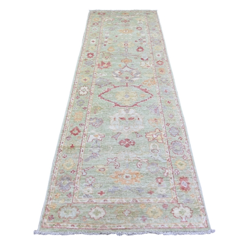 Laurel Green, Afghan Angora Oushak with Colorful Motif Natural Dyes, Soft Wool Hand Knotted, Runner Oriental Rug