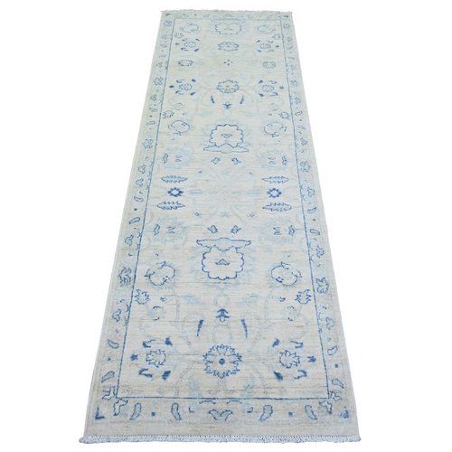 White Wash Peshawar with Floral Pattern Vegetable Dyes, 100% Wool Hand Knotted, Runner Oriental Rug
