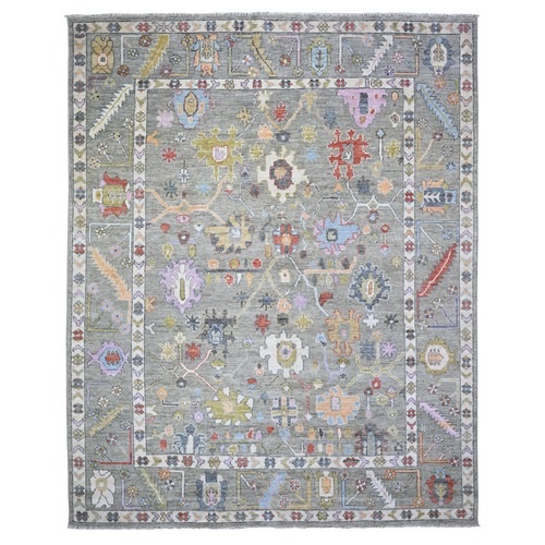 Echo Gray, Afghan Angora Oushak with Colorful Motifs Natural Dyes, Extra Soft Wool Hand Knotted, Oriental Rug