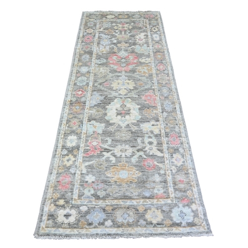 Jet Gray, Extra Soft Wool Hand Knotted, Afghan Angora Oushak with Colorful Motifs Natural Dyes, Runner Oriental Rug