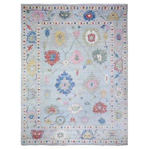Beau Blue, Soft Wool Hand Knotted, Afghan Angora Oushak with Colorful Floral Design Natural Dyes, Oriental Rug