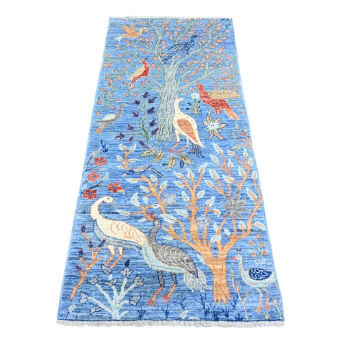Azure Blue, Pure Wool Hand Knotted, Afghan Peshawar with Birds of Paradise Vegetable Dyes, Oriental Rug