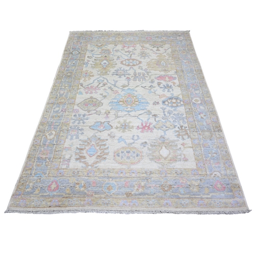 Ivory, Hand Knotted Soft Wool, Natural Dyes Afghan Angora Oushak With Colorful Motifs, Oriental 