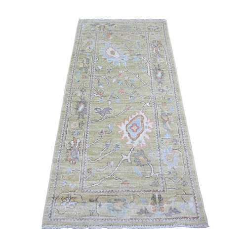 Olive Green, Afghan Angora Oushak with Colorful Motif Natural Dyes, Pure Wool Hand Knotted, Runner Oriental Rug