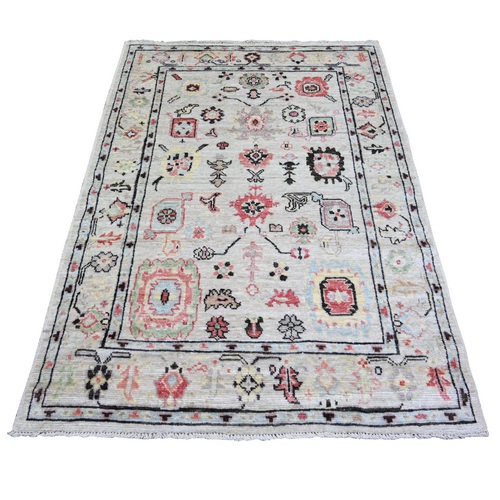 Silver Gray, Afghan Angora Oushak with Colorful Pattern Natural Dyes, Extra Soft Wool Hand Knotted, Oriental Rug