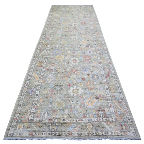 Battleship Gray, Afghan Angora Oushak with Soft Colors Natural Dyes, 100% Wool Hand Knotted, Wide Runner Oriental Rug