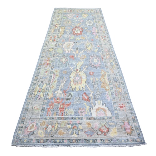 Air Force Blue, Hand Knotted Afghan Angora Oushak with Colorful Motifs, Natural Dyes Pure Wool, Wide Runner Oriental Rug