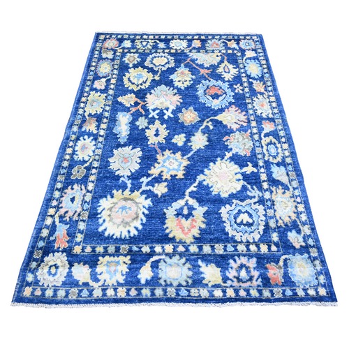 Sapphire Blue, Soft Wool Hand Knotted, Afghan Angora Oushak with All Over Floral Design Natural Dyes, Oriental Rug