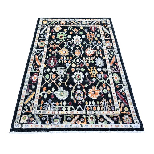 Metal Black, Afghan Angora Oushak with Colorful Motifs Natural Dyes, 100% Wool Hand Knotted, Oriental Rug