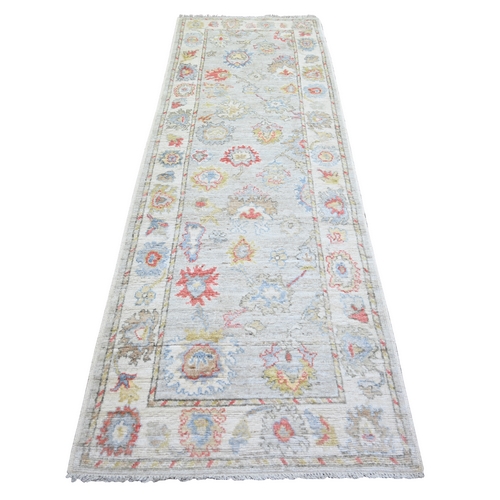 Cloud Gray, Natural Dyes Afghan Angora Oushak with Colorful Pattern, Soft Wool Hand Knotted, Runner Oriental Rug