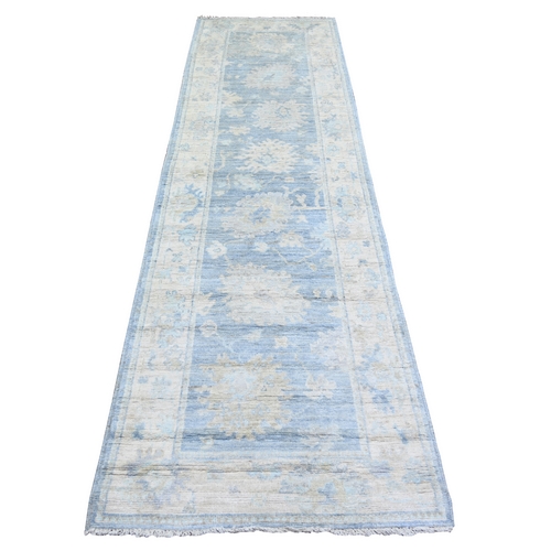 Air Force Blue, Hand Knotted Extra Soft Wool, Natural Dyes Afghan Angora Oushak with Soft Colors, Runner Oriental Rug