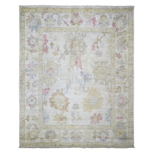 Ivory, Afghan Angora Oushak with Colorful Motifs Natural Dyes, 100% Wool Hand Knotted, Oriental Rug