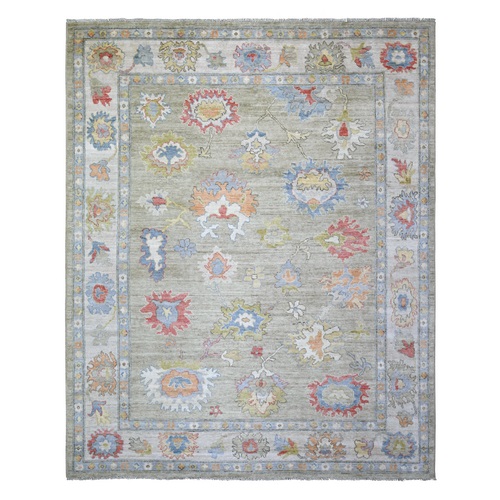Olive Gray, Natural Dyes Afghan Angora Oushak with Colorful Pattern, 100% Wool Hand Knotted, Oriental Rug