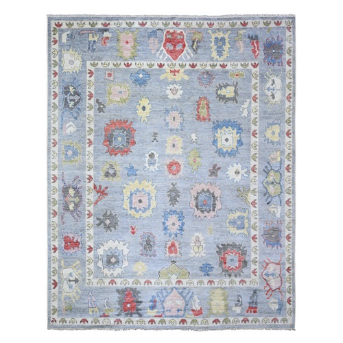Beau Blue, Afghan Angora Oushak with Colorful Motifs Natural Dyes, Soft Wool, Hand Knotted, Oriental Rug