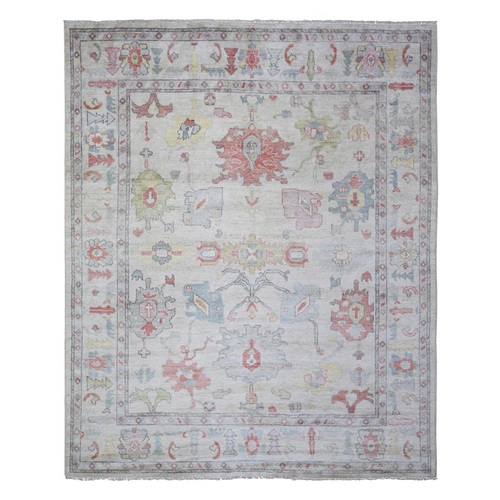 Ivory, Afghan Angora Oushak with Colorful Motifs Natural Dyes, 100% Wool, Hand Knotted, Oriental Rug