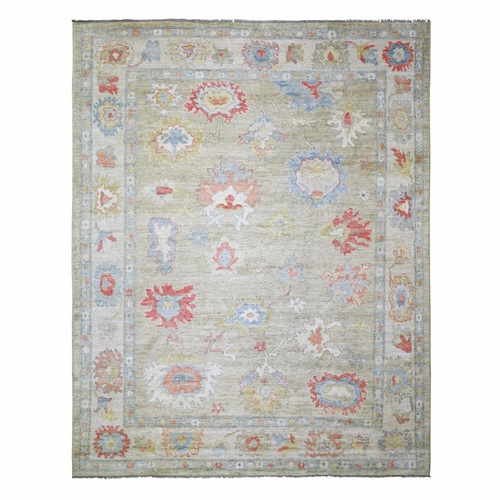 Laurel Green, Natural Dyes, Soft Wool, Hand Knotted, Afghan Angora Oushak with Colorful Floral Design, Oriental Rug