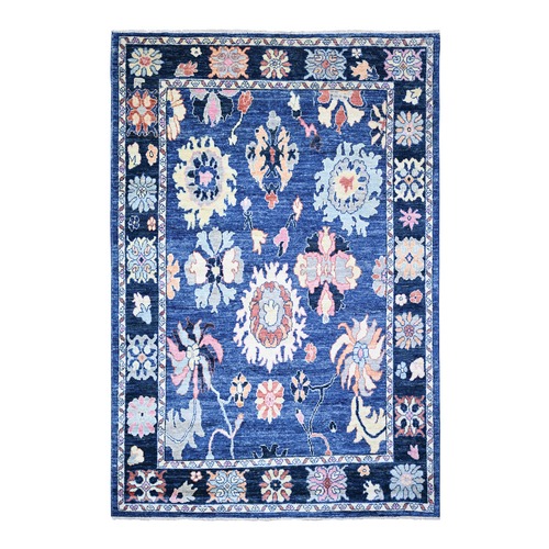 Sapphire Blue, Afghan Angora Oushak with Colorful Motifs Natural Dyes, Soft Wool Hand Knotted, Oriental 