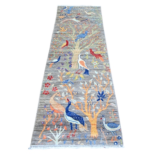 Taupe Gray, Afghan Peshawar with Birds of Paradise Vegetable Dyes, Soft Wool Hand Knotted, Runner Oriental Rug